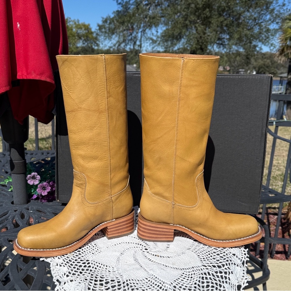 NIB! Retail $498 Frye Campus 14L Banana  Leather Tall Boots On current website. - Picture 6 of 10